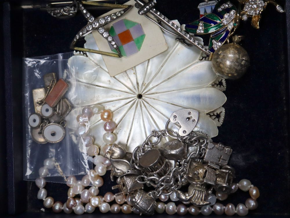 Mixed jewellery including a Victorian silver locket, a 9ct and opal doublet drop bar brooch, silver charm bracelet etc.